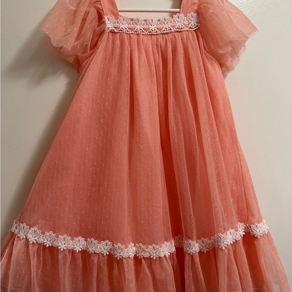 Coral Tulle Dress with Lace Trim